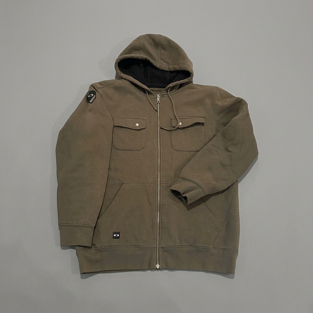 Vintage Oakley Sherpa Lined Full Zip Hoodie Jacket Olive Green Mens Large Y2K